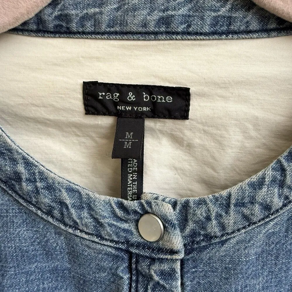 Rag & Bone Chest Pocket Blue Jean Denim Shirtdress Size Medium Pearl Snap - Image 6