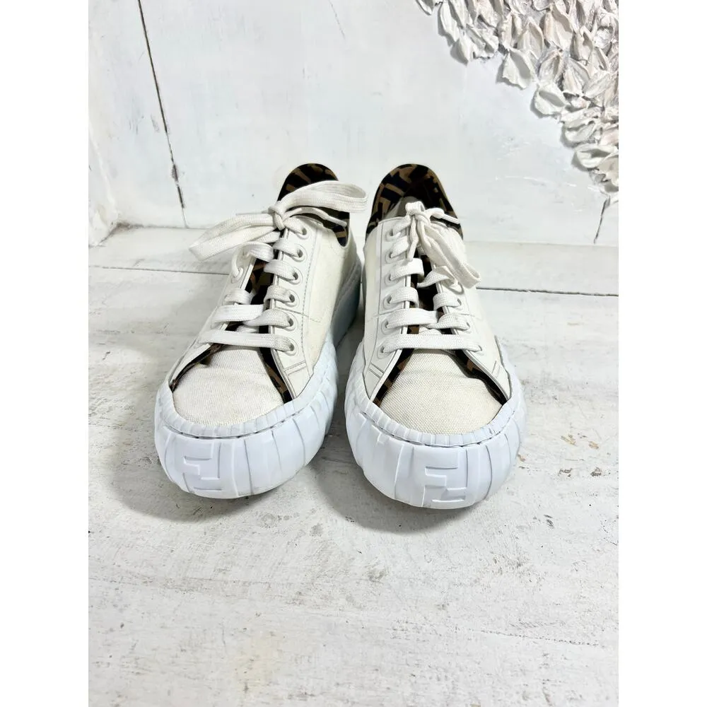 Fendi Force Canvas FF Monogram Trim low Top Platform Sneakers White Women's 36.5 - Image 6