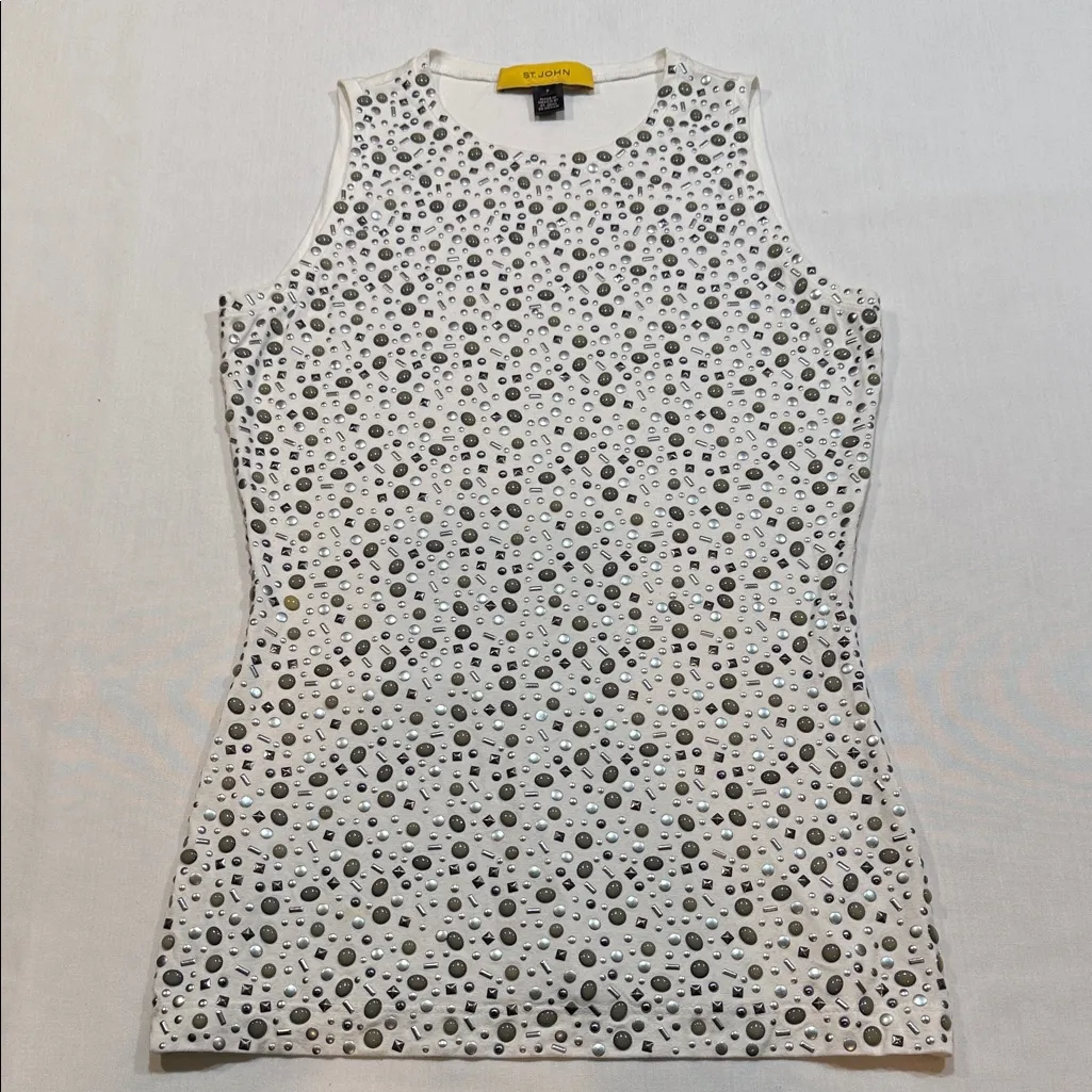 ST JOHN Embellished Sleeveless Tank Top White Silver Studded Couture Lux Shell - Image 2