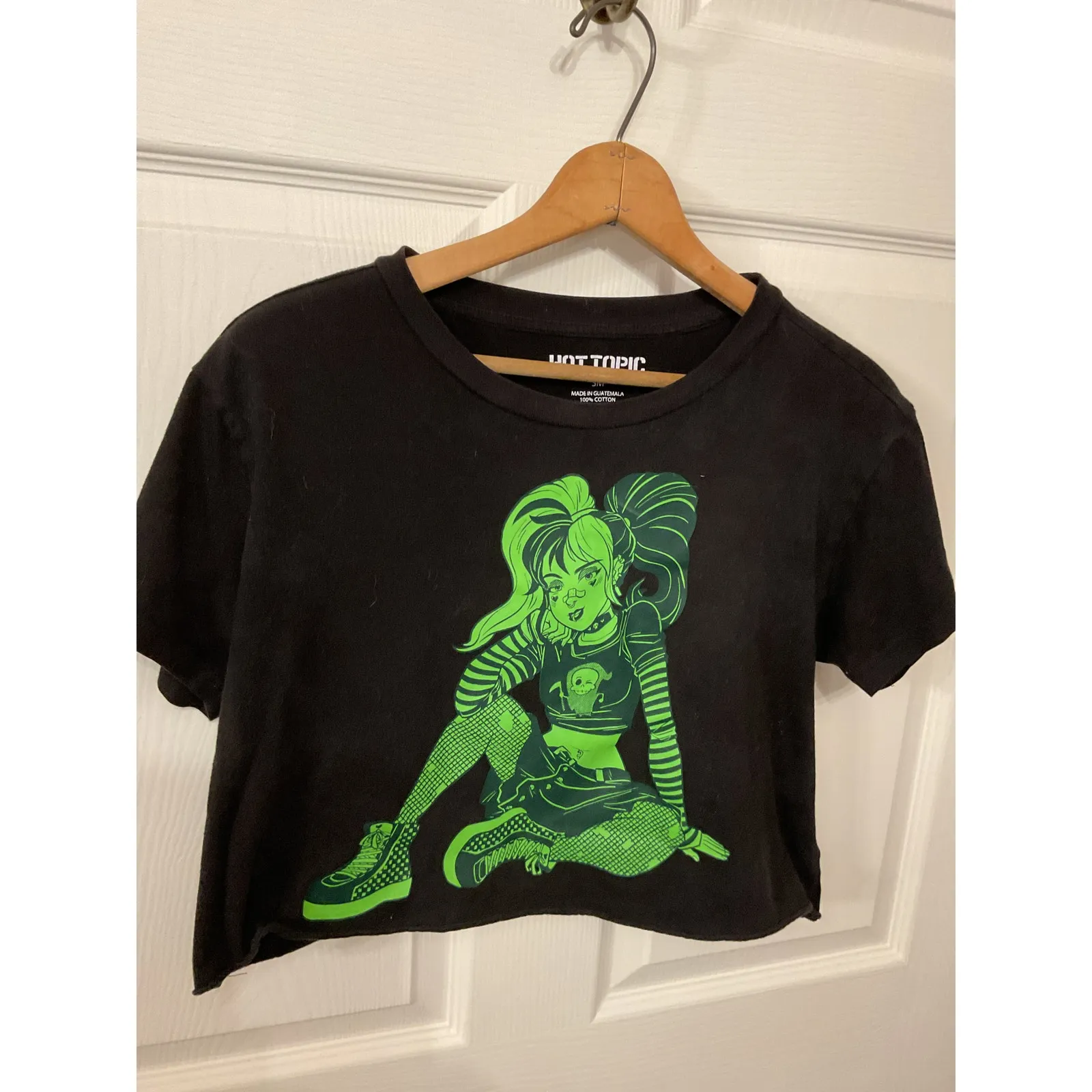 Hot Topic Black Neon Goth Girl Distressed Hem Crop Top, S - Image 3