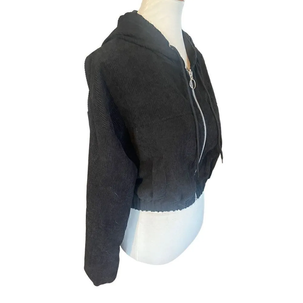 SHEIN Black Cropped Corduroy Hooded Long Sleeve Full Zip Jacket Size Small-NWOT - Image 4