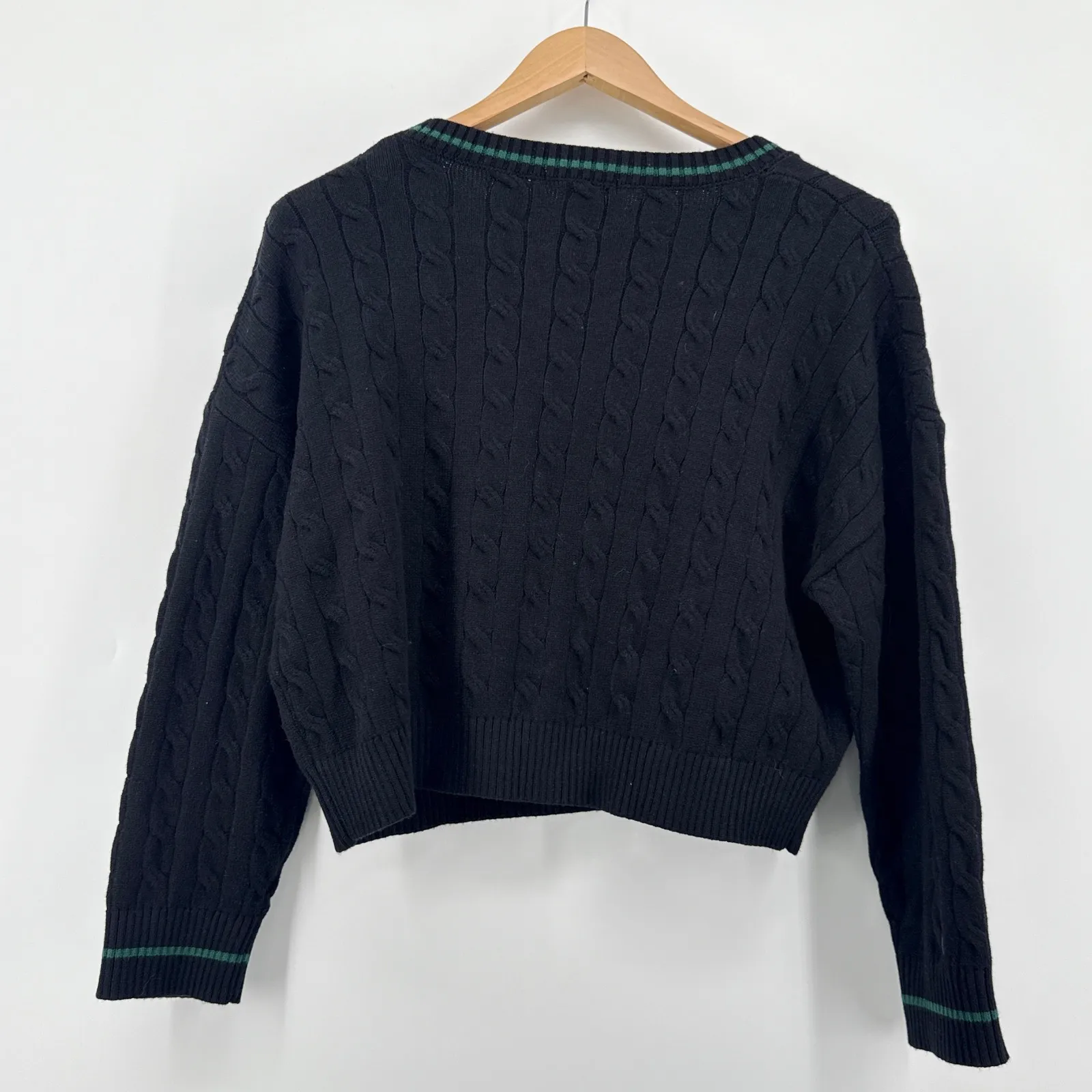 Stella Tweed Cable Knit Boston Pullover Sweater Large Black Green Collegiate MA - Image 6