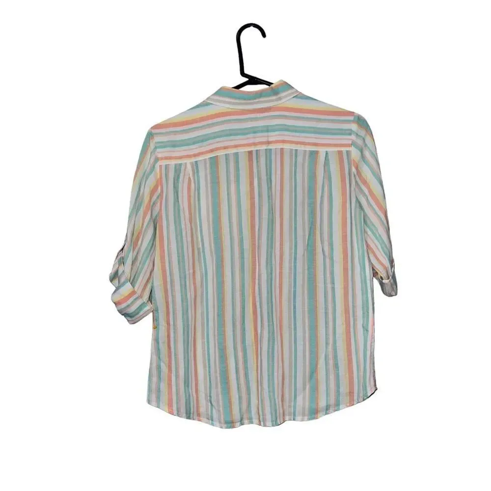 Foxcroft NYC Anthropologie Women's Striped Button-Up Blouse Size‎ 10P Linen Top - Image 3