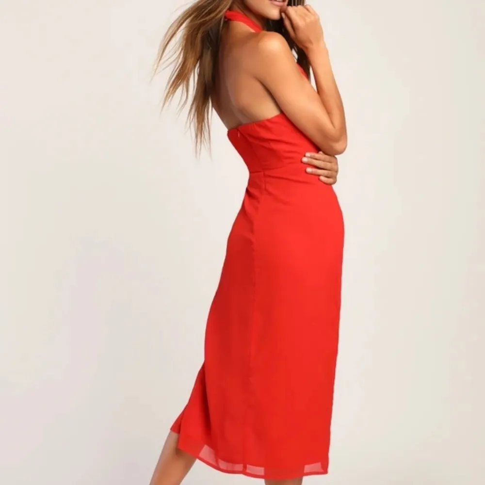 Lulu's Womens Flirty Chic Cut Out Cross Front Halter Midi Dress Red NJD184 Large - Image 3