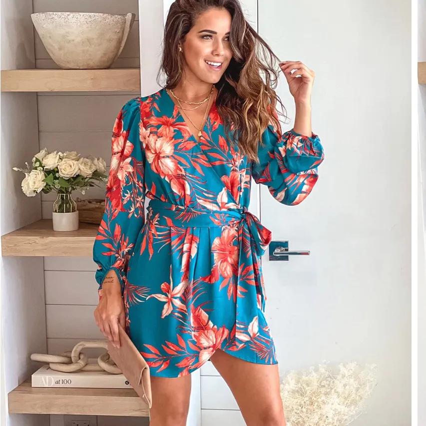 Sweet Lemon TEAL FLORAL SATIN WRAP SHORT DRESS Small Green - Image 2