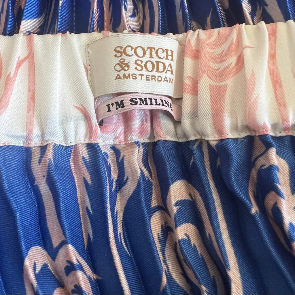 Anthropologie Scotch & Soda Blue Pink Palm Print Pleated Midi Skirt Small - Image 9