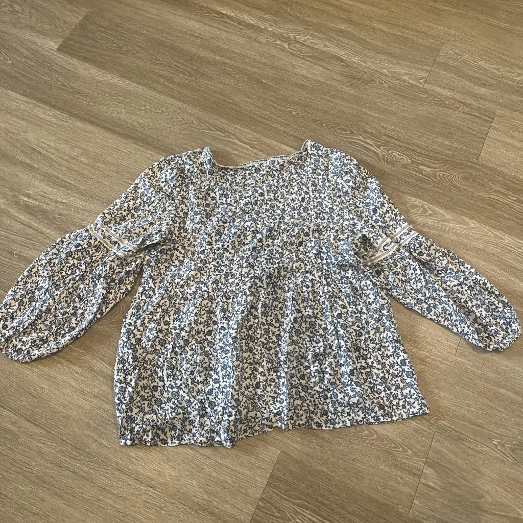 Max Studio XL Floral Blouse Balloon Sleeve Peplum Top Cottagecore Boho Blue - Image 6