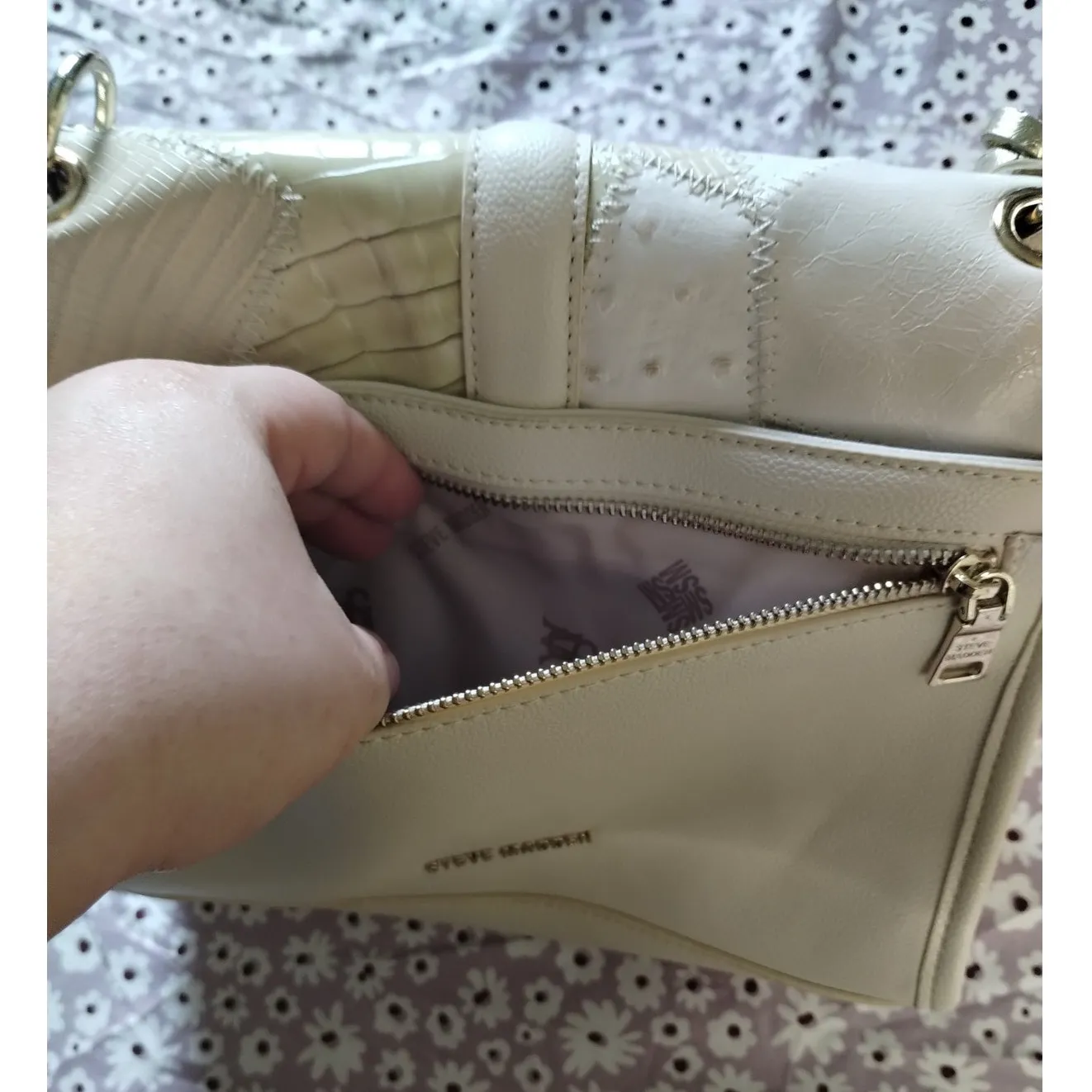 Steve Madden Padlock Flip Satchel Cream Patchwork Neutral Shoulder/Handbag Purse - Image 6