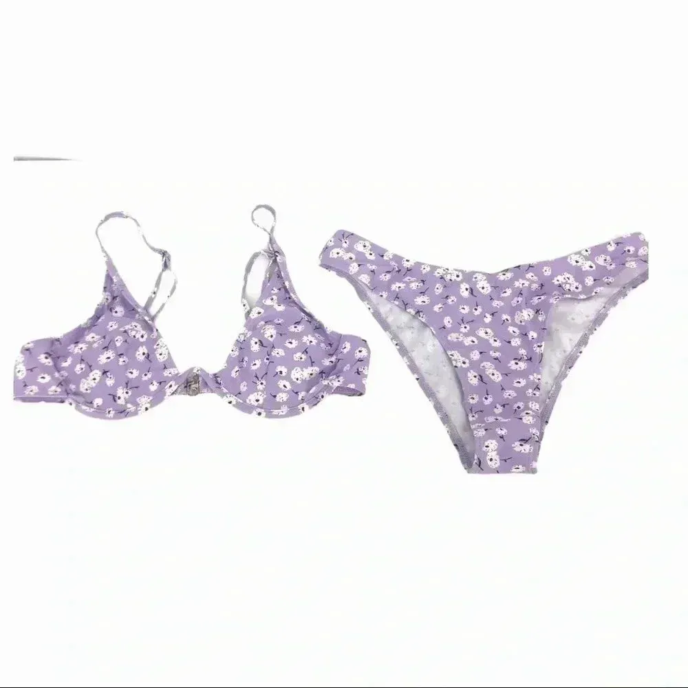 FLORAL LILAC TWO PIECE DEEP PLUNGE BIKINI TOP HIGH WAISTED BOTTOMS WOMENS MEDIUM Purple - Image 2