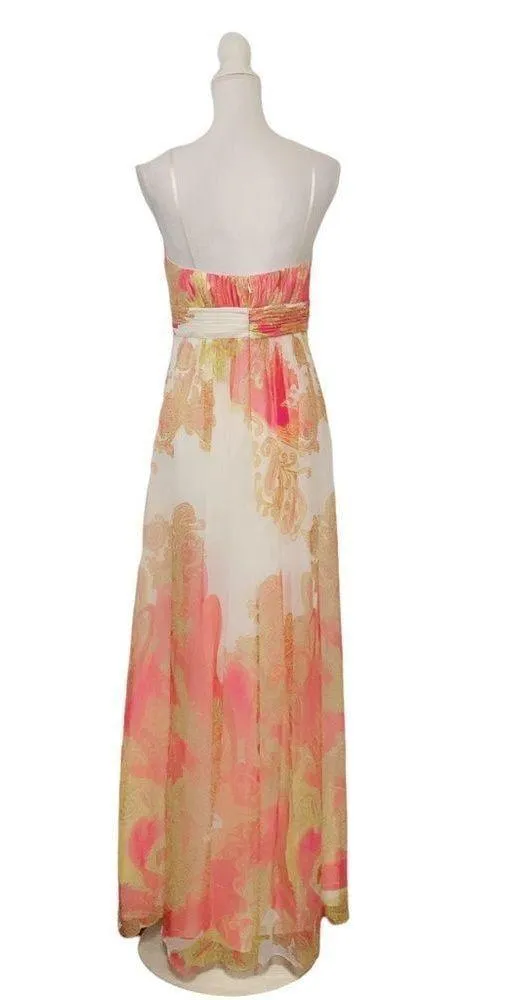 Aidan Mattox Womens Chiffon Printed Metallic Strapless Gown White Silk Dress - Image 4