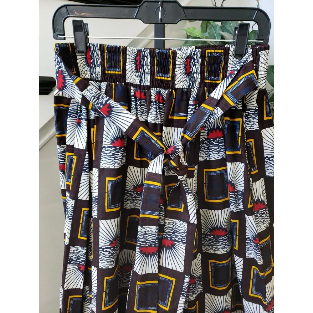 Tribal Palazzo Pants Women's Multicolor Geo Print Wide Leg Elastic Waist Belted Black - Image 10