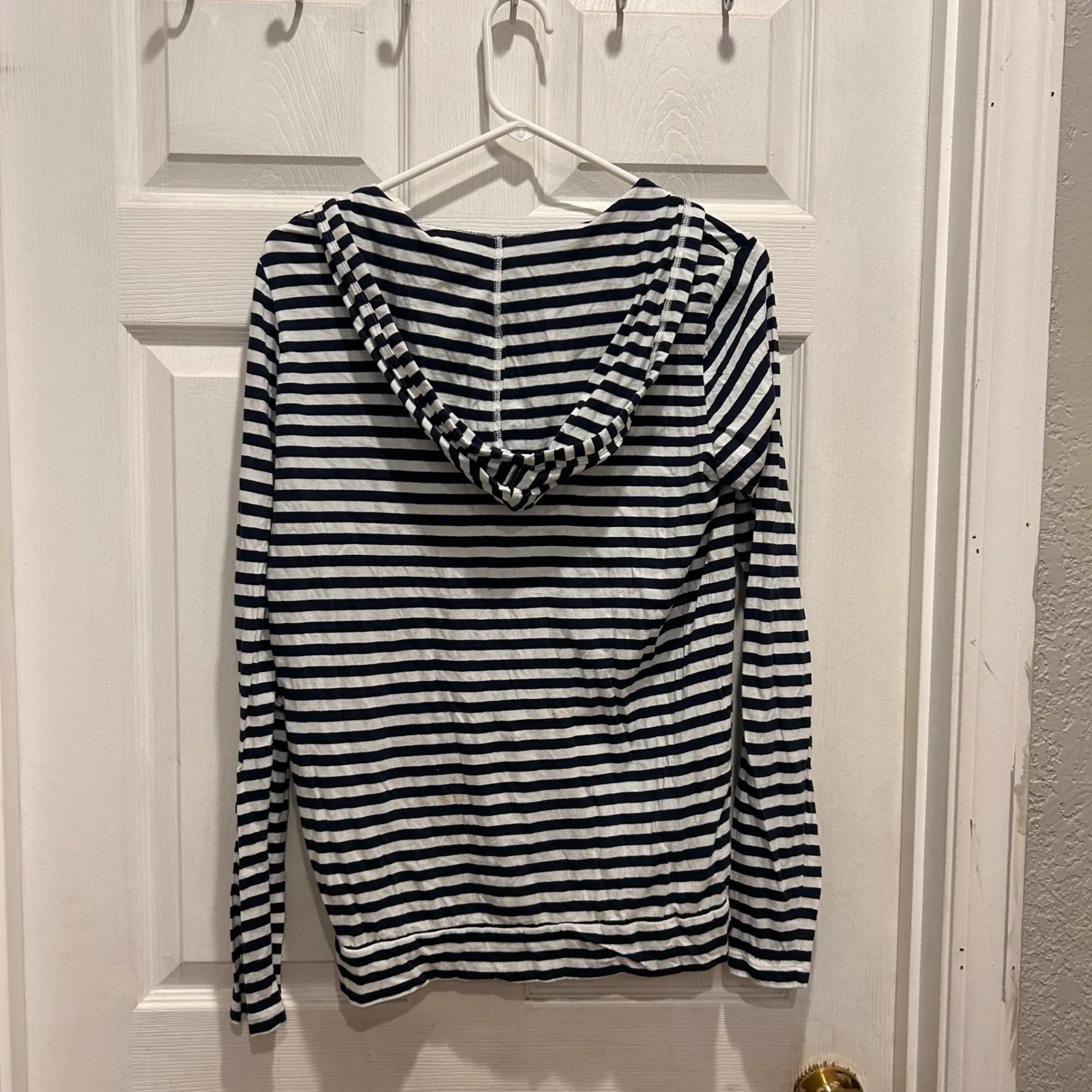 Old Navy Perfect Fit‎ Hoodie Top Striped Blue White Long Sleeve Large Nautical - Image 5