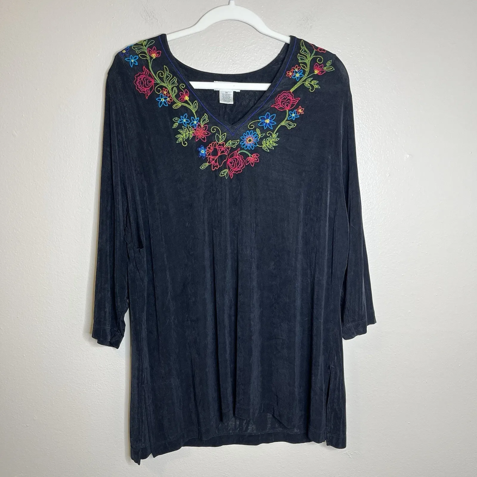 Women Tunic top 2x Relax Fit Whimsigoth Embroidered Dark Floral Witchy Romantic - Image 2