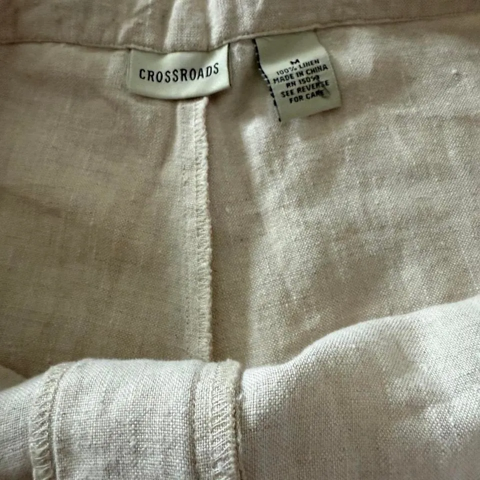 Crossroads Linen Pants - Women's M Beige Wide Leg Cropped Drawstring Waist - Image 3