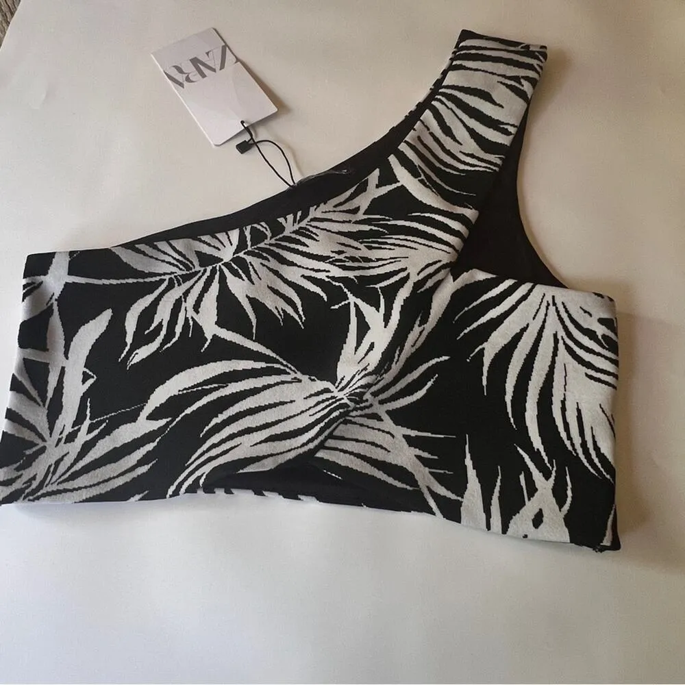 Zara Women’s One Shoulder Palm Print Jacquard Cross Over Crop Top Sz M NWT - Image 12