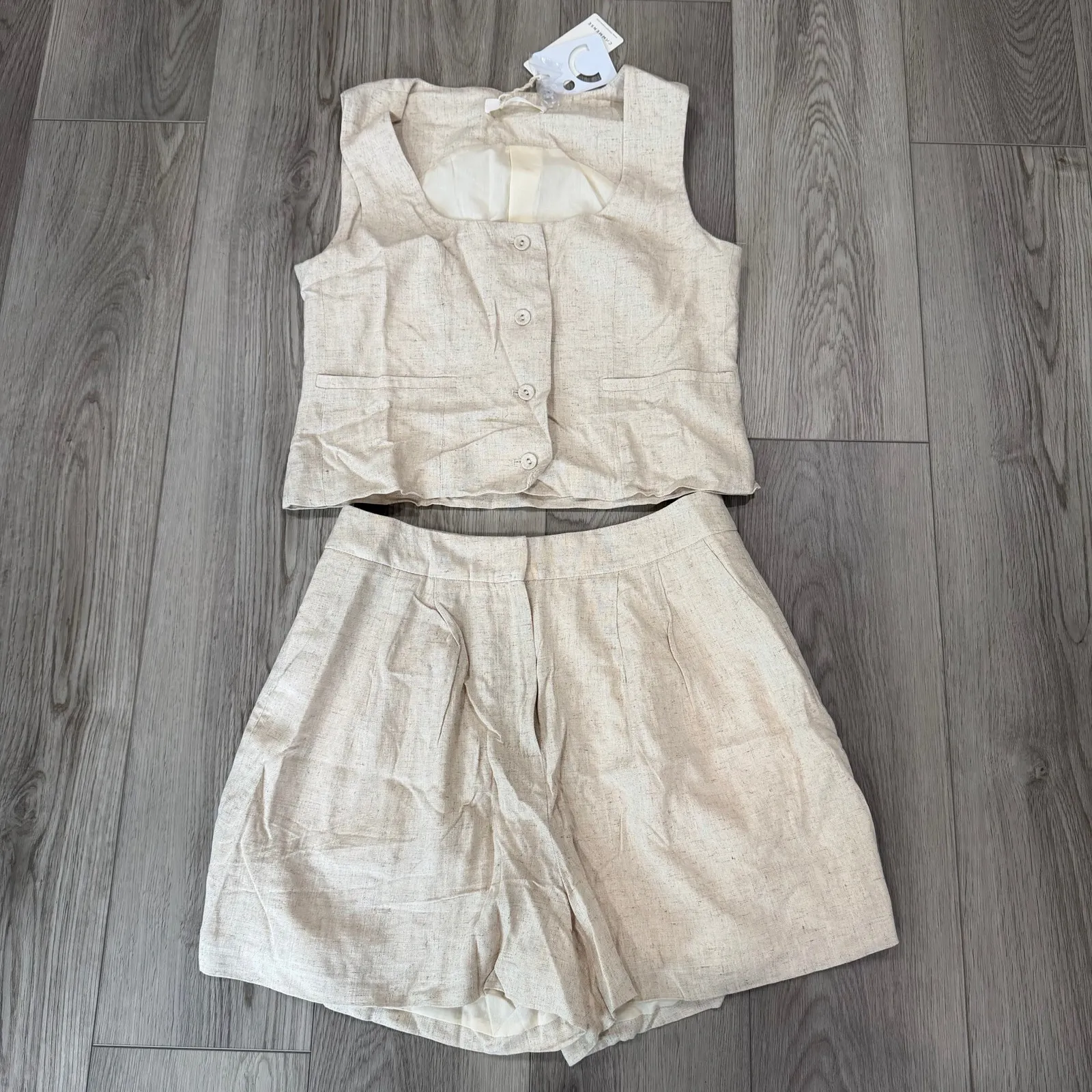 Commense Old Money Linen Blend Elegant Casual Khaki Vest Shorts Set M Size M - Image 2