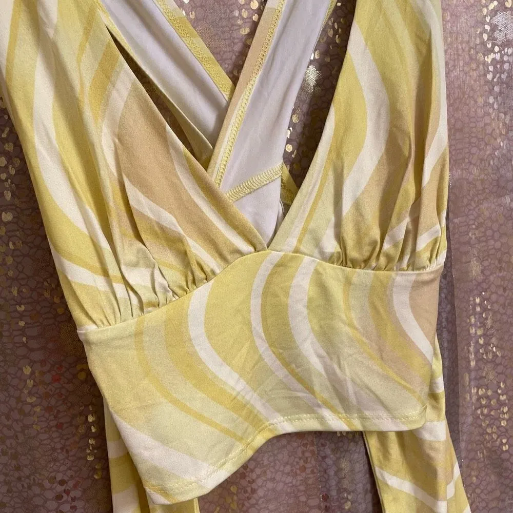 Urban Outfitters Yellow White Criss Cross Tie Back Swirl Crop Top, M NWOT - Image 2