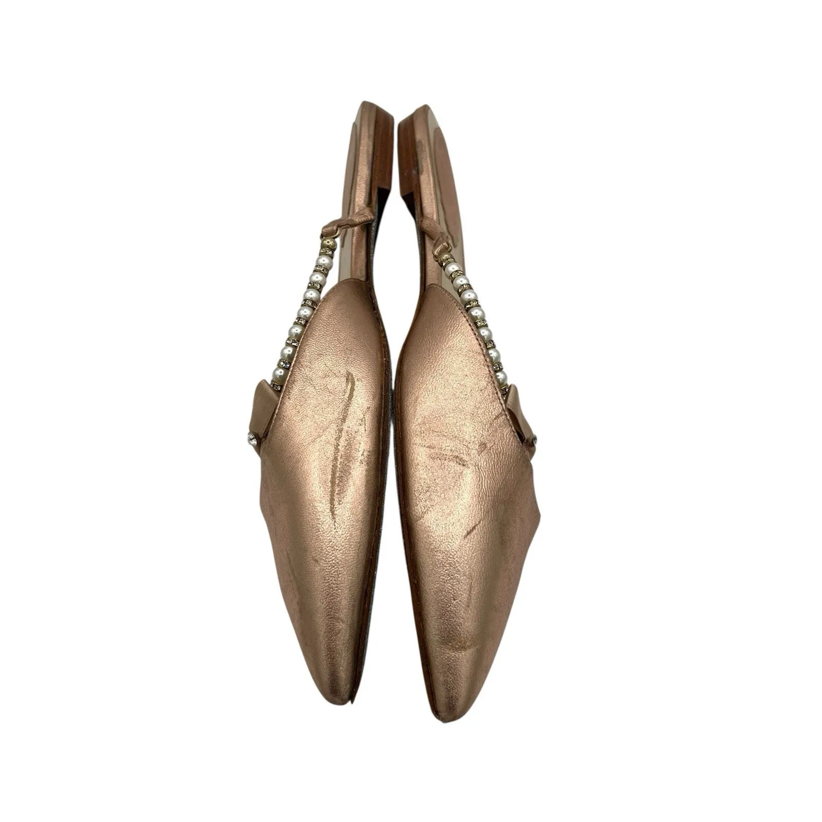 Rene Caovilla Rose Metallic Leather Flat Mules Faux Pearls Sz 38 Designer Chic Pink - Image 8