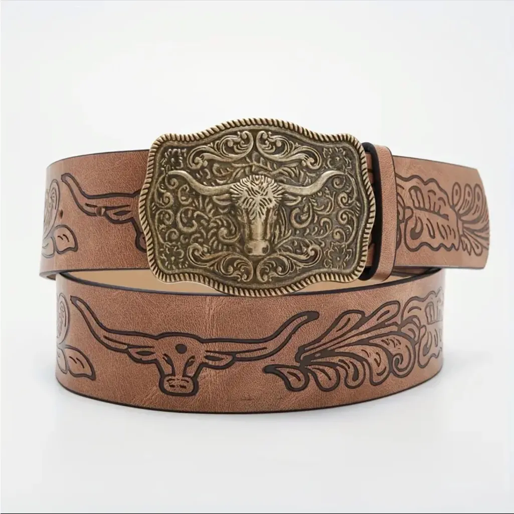 Western Bull Head Buckle Unisex Belt Vintage Embossed Brown PU Leather Belt Size M - Image 9