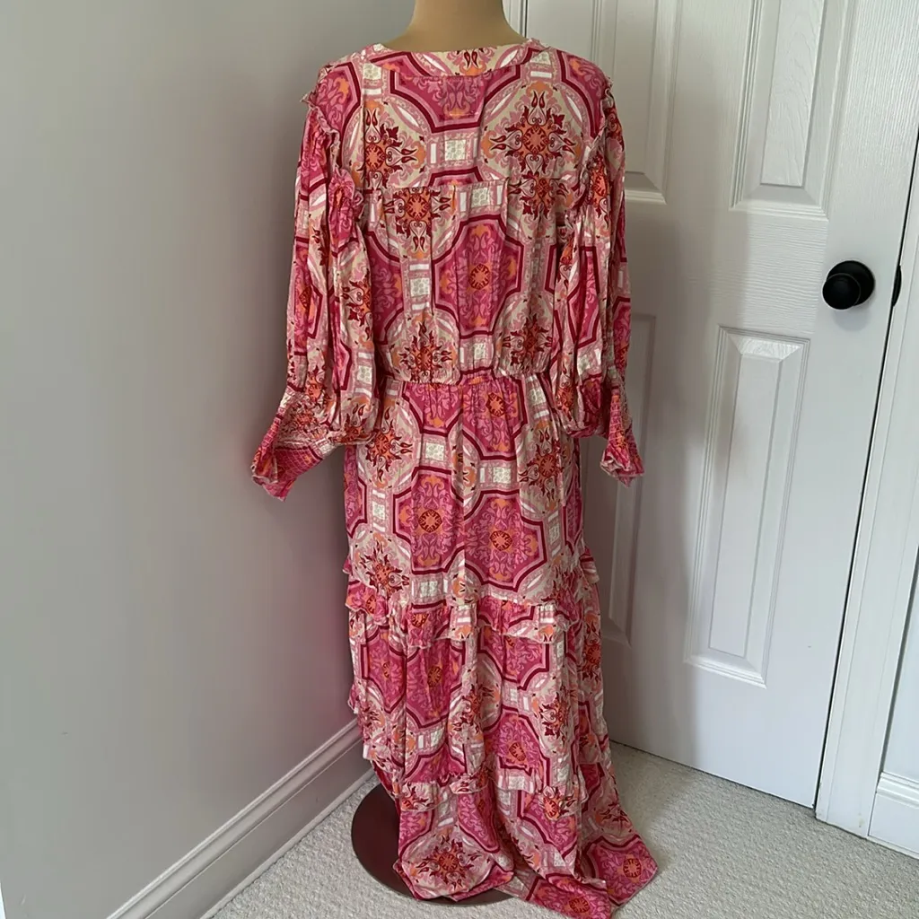 Lea Pink Printed Ruffle Trim Wrap Maxi Dress Size M - Image 3
