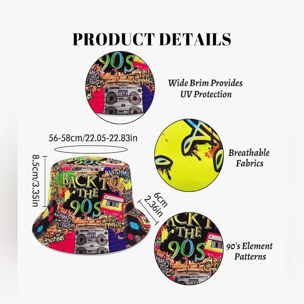 NEW Retro 90s Bucket Hat 90s Rave Sun Cap Packable Fisherman Bucket Hat Black - Image 2