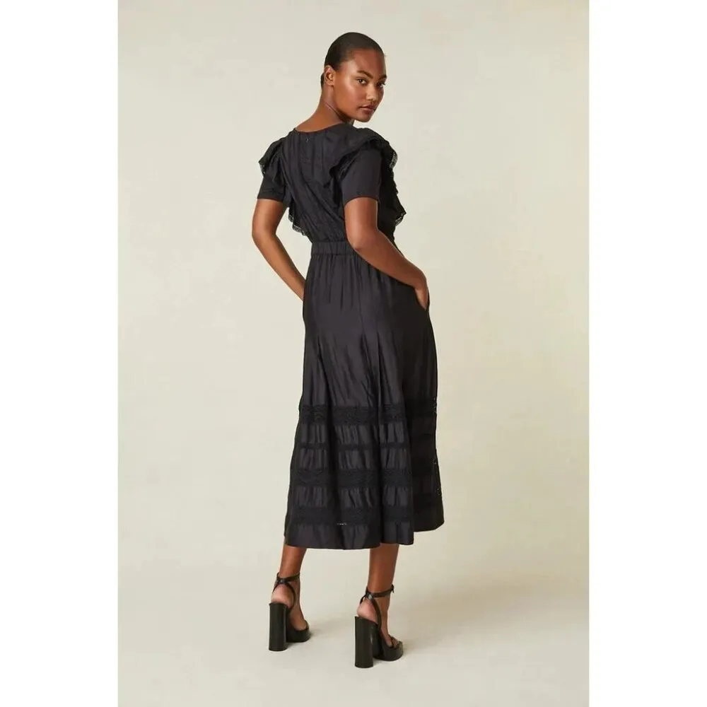 NWT LoveShackFancy Kesari in Black Ruffle Lace Trim Maxi Shirt Dress XS $475 - Image 3
