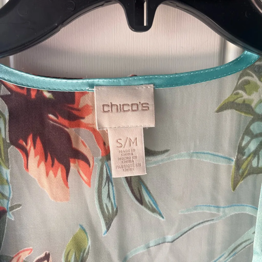 Chico's Paradise Escape Open Kimono 3/4 sleeve 15% silk tropical women S/M Teal - Image 3