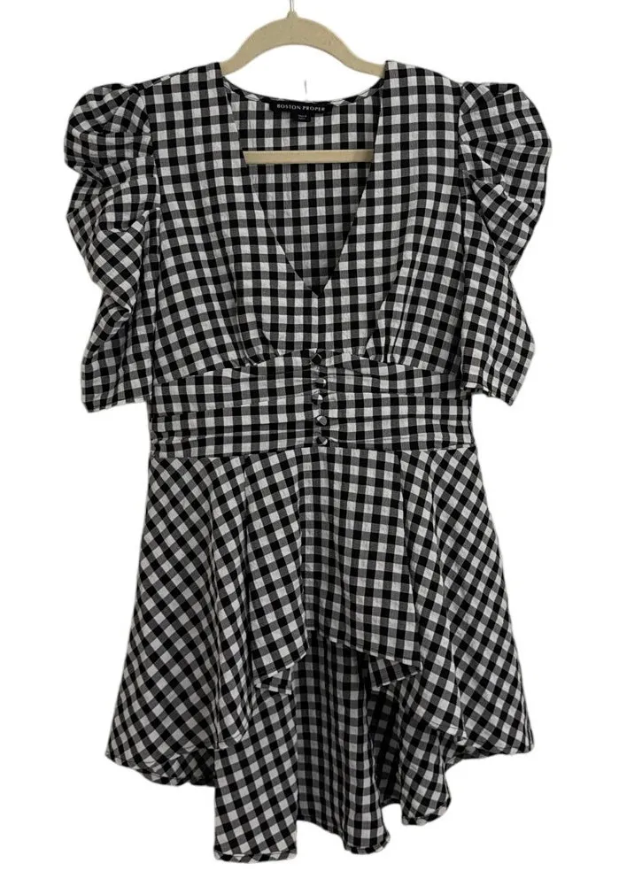 Boston Proper Blouse Gingham Cottagecore High Low Babydoll Ruffle Top Size 6 - Image 1
