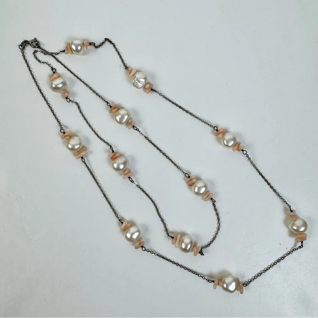 Sterling Silver Freshwater Pearl Angel Skin Coral Long Layering Necklace - Image 10