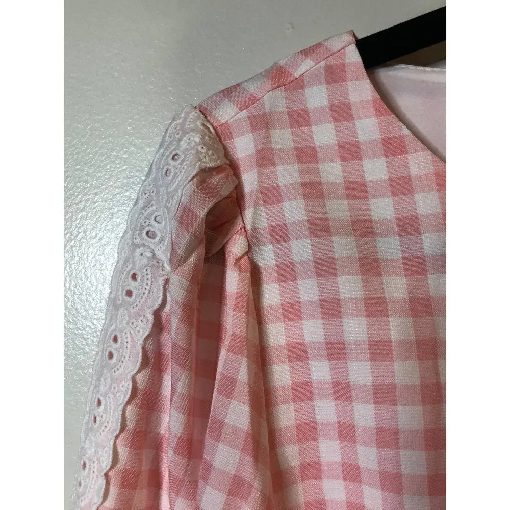 Pink Gingham Lace Girly Feminine Cottagecore Preppy Dress - Image 95