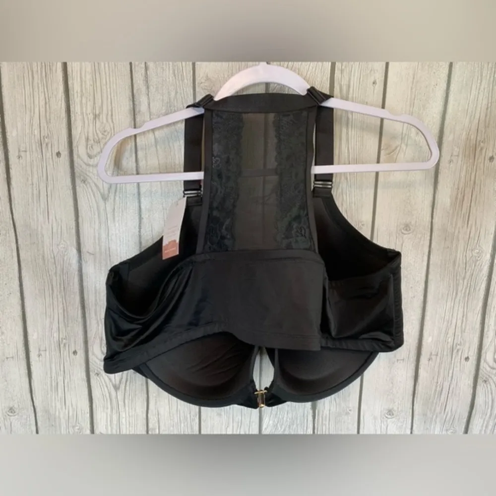 Cacique Front Close Smokth Boost Plunge Bra Lace‎ Racerback Size 50DD Black - Image 6