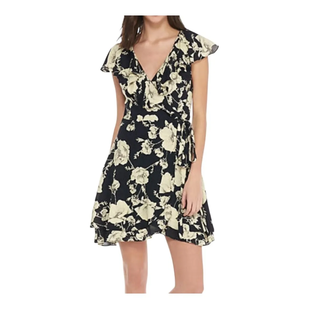 Free People French‎ Quarter Ruffled Wrap Dress Floral Black Cream Size Small New - Image 4