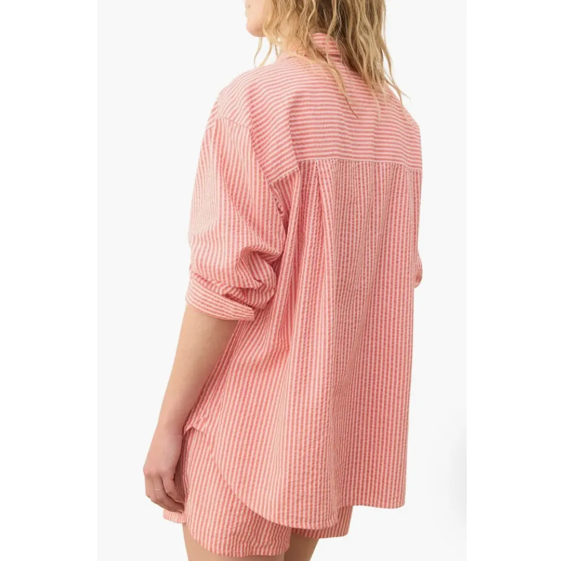 Marine Layer Top Gracey Seersucker Button Up Striped Shirt Orange Beige Medium - Image 2