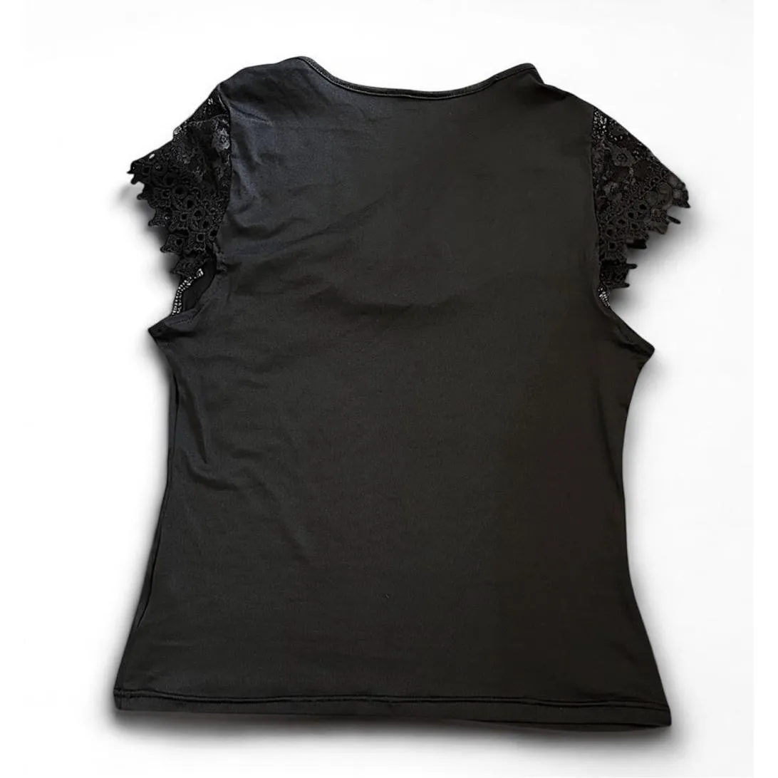 Women Black Lace V Neck Short Sleeve Top Romantic Chic Elegant Casual Size XL - Image 3