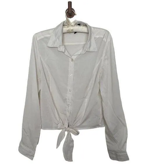 Vintage 90’s L White Button Down Satin Effect Tie Front Long Sleeve Shirt - Image 1