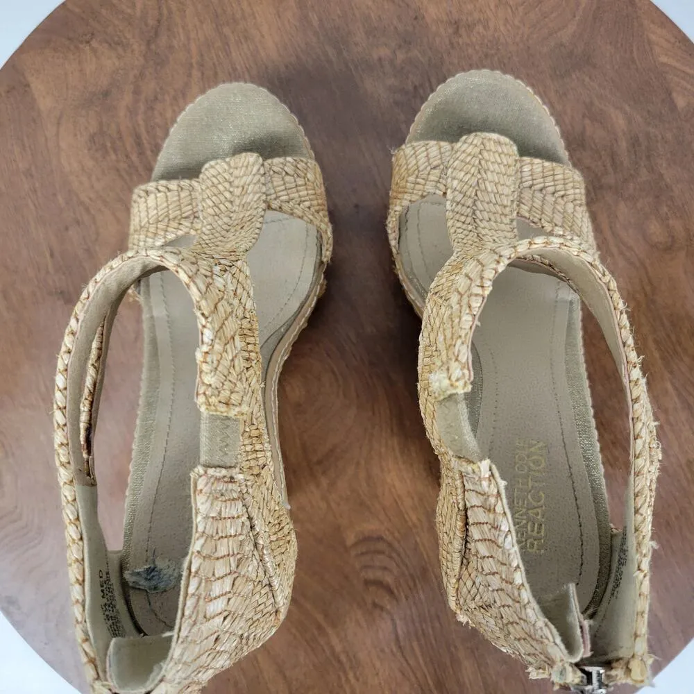 Kenneth Cole Reaction Womens Live It Up Sandals 6.5 Cream Woven Straw Wedge Heel Tan - Image 9
