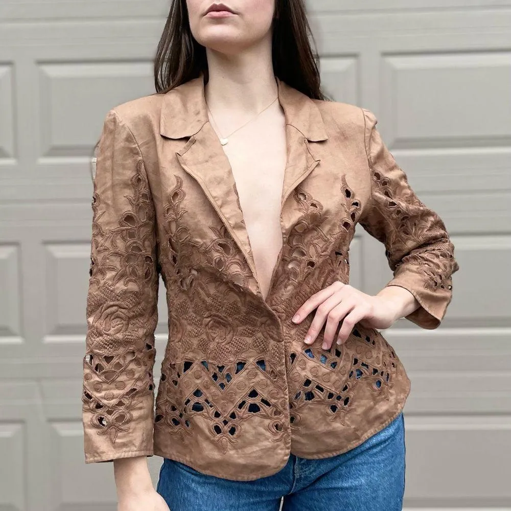 Vintage Tan Linen Bohemian Floral lace Cut Out Blazer Jacket Size 10 - Image 5