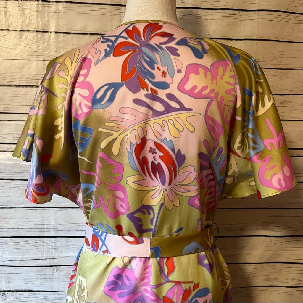 Cruz Natori Floral Short Sleeve Robe Satin Loungewear Green Silky Size Small - Image 6