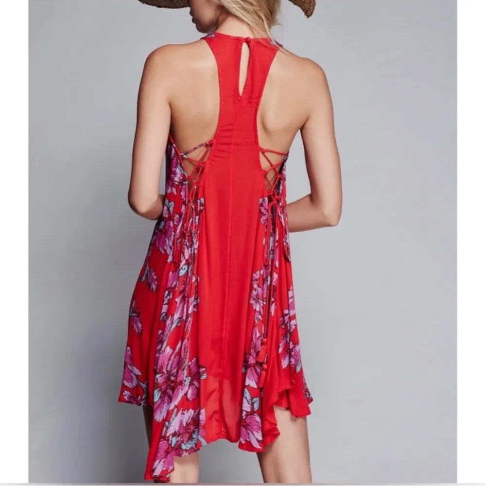 Free People Paint the Sun Slip Dress Red Purple Floral Racerback Dress Size S - Image 3