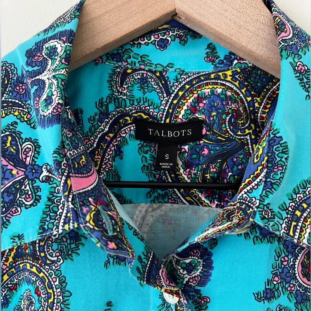 TALBOTS Blue Paisley Button Down Collared Cotton Shirt Womens Small - Image 6