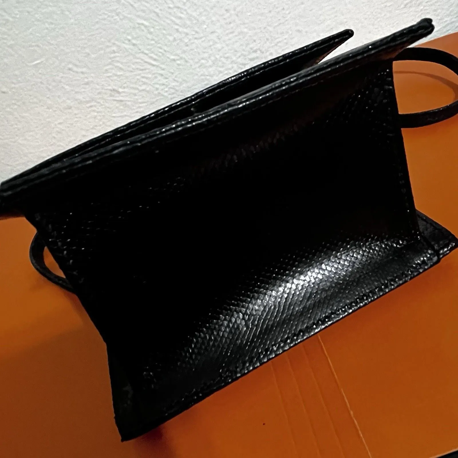 Clara Studio for Asymmetry Vtg Black Lizard Embossed Leather Bag 24K Gold Handle - Image 11