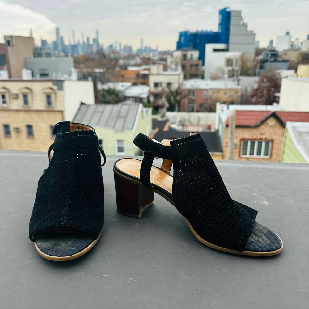 Franco Sarto Black Suede Sandal Size 7 Harlet 2 Block Heel Peep Toe bohemian - Image 4