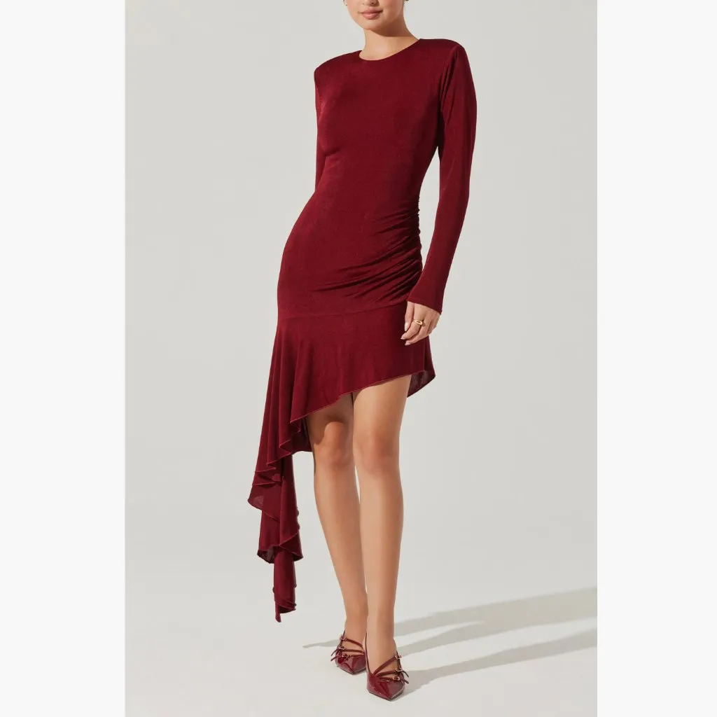 NWT ASTR the Label Metallic Long Sleeve Asymmetric Hem Minidress Large, WINE - Image 7