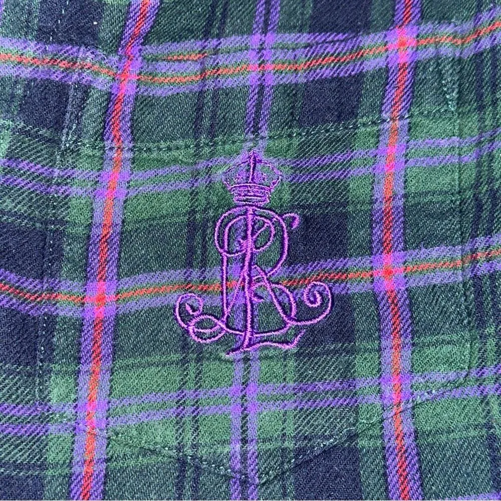 Ralph Lauren Women’s Size M Purple Green Plaid 2 Piece Logo Crest Pocket Pajamas - Image 6