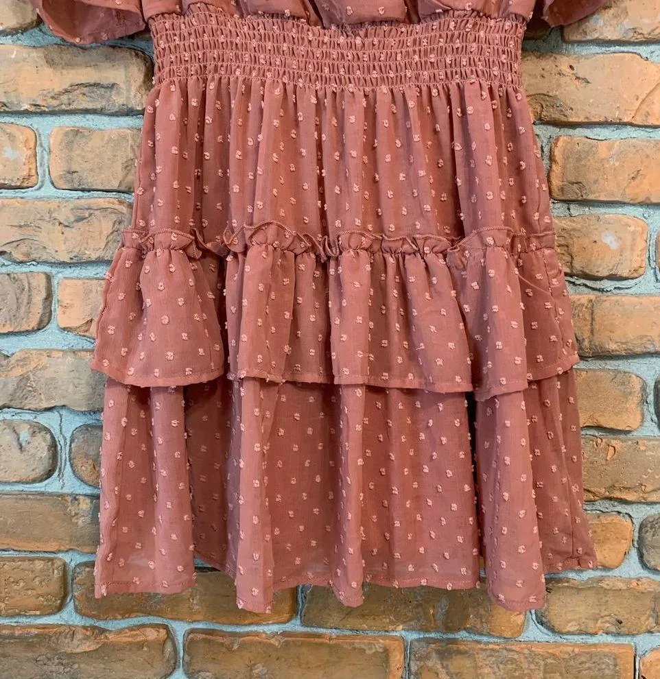 Altar'd State Mini Dress Swiss Dot Chiffon Puff Sleeves Tiered Ruffle Hem Size S - Image 3