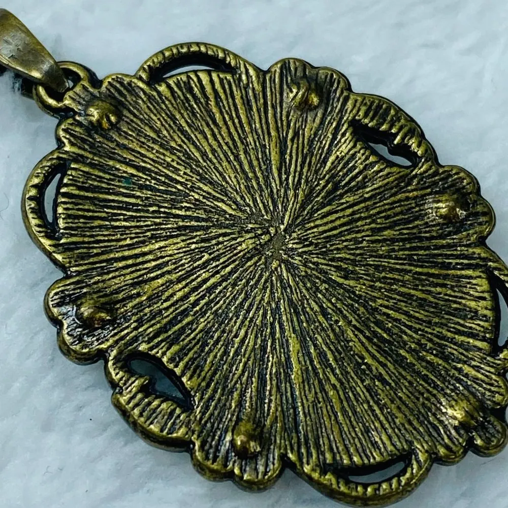 Cameo Pendant Butterfly on Flowers Antique Gold Color Metal Rhinestone Accents - Image 8