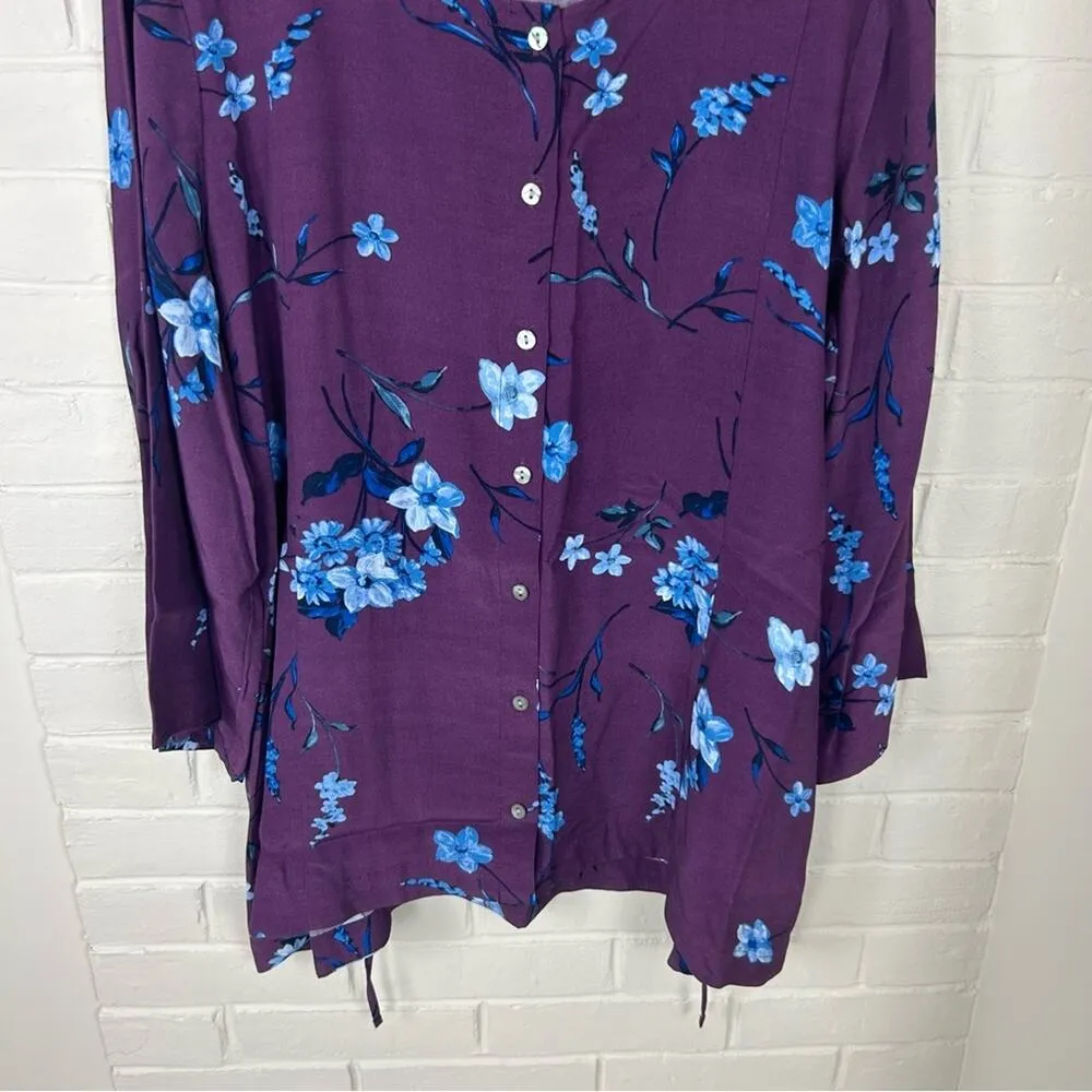 J.Jill  Dark Maroon Purple Floral Button Down Top Size L - Image 3