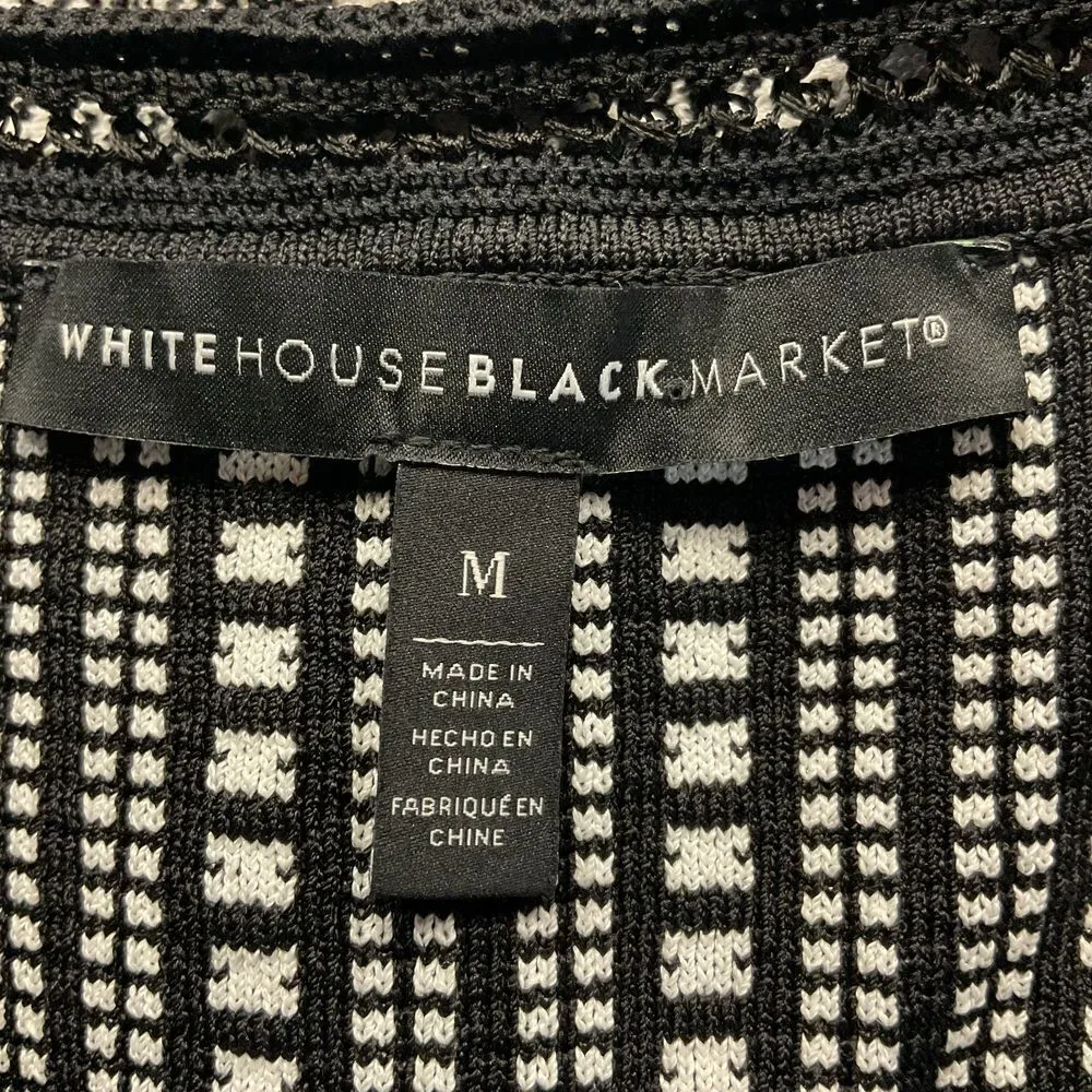 White House Black Market Stretch Crochet Peplum Knit Top Size Medium Black White - Image 10