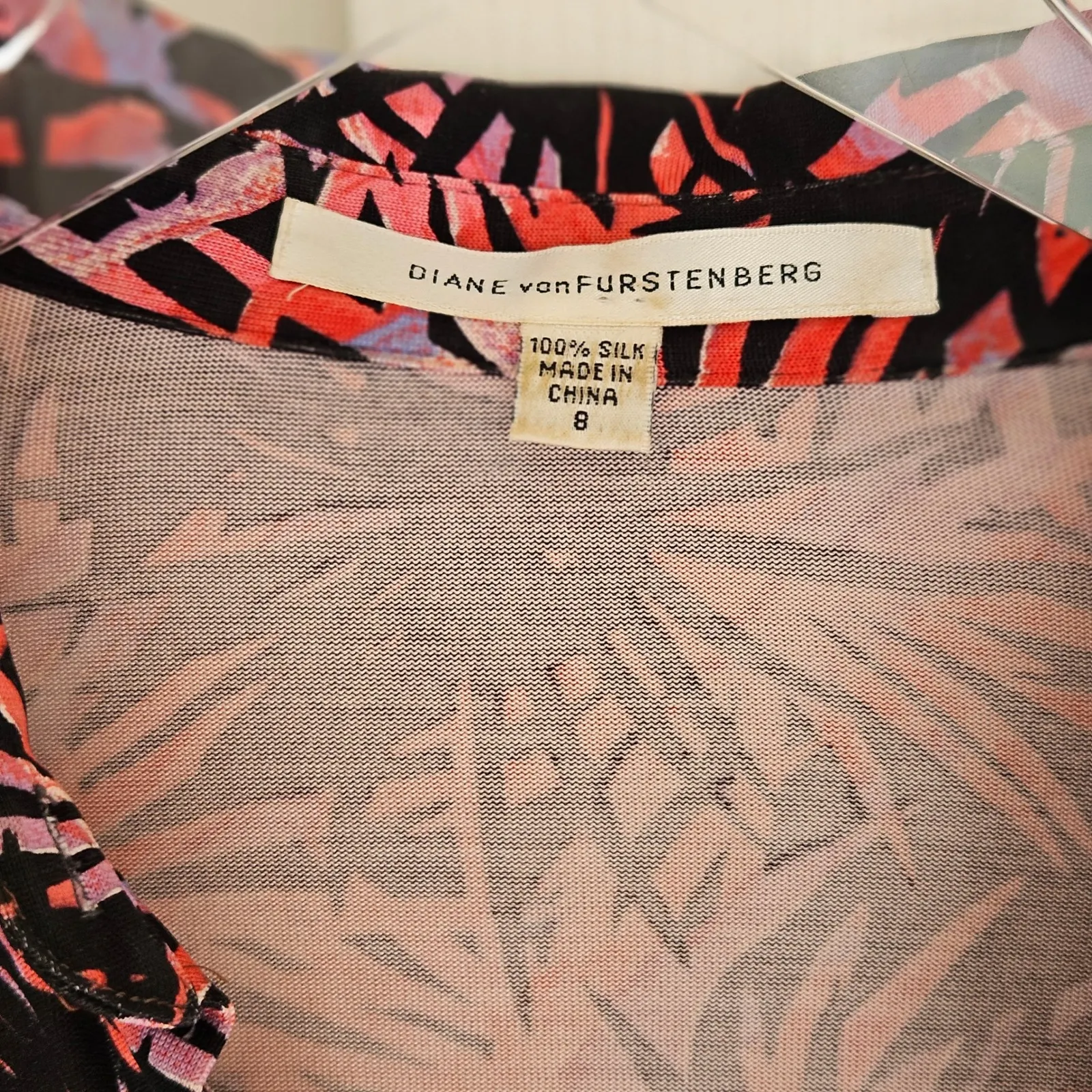 DIANE Von FURSTENBERG Dress Womens US 8 Pink Black Floral Tropical Silk Collared - Image 4