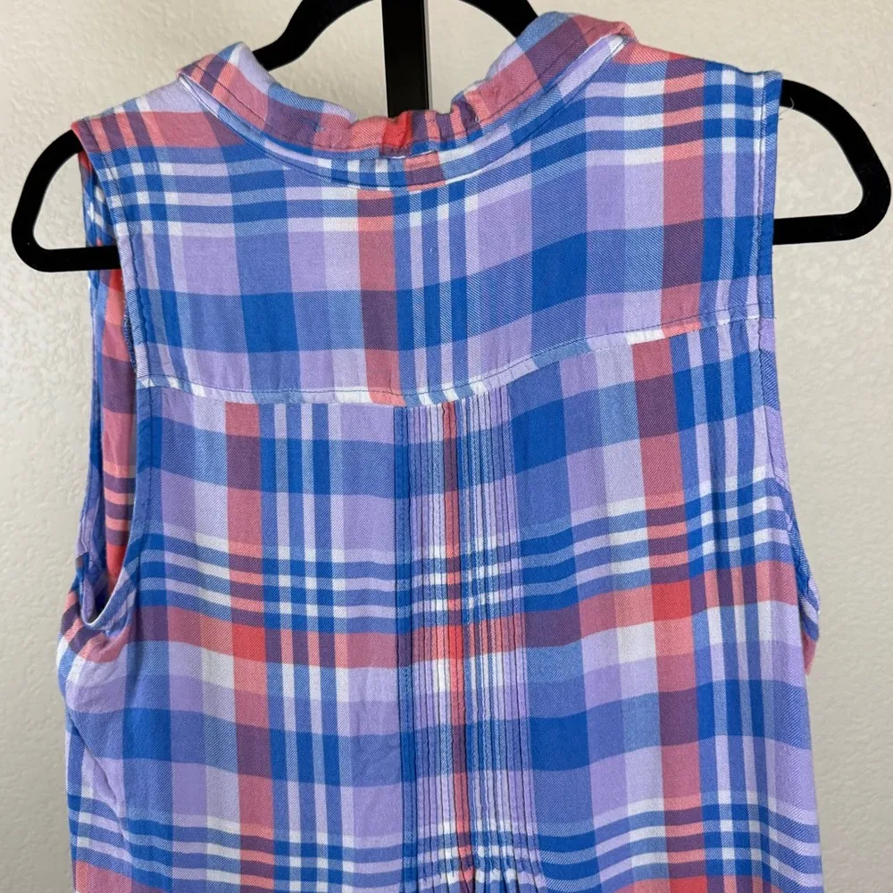Terry Sky Multicolor Sleeveless Button Preppy Plaid Pink Blue Lightweight Top - Image 7